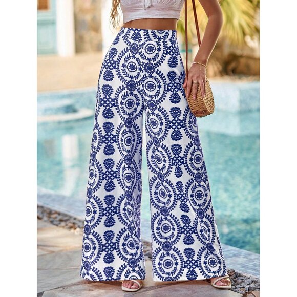 High waisted wide leg pants boho gypsy print blue white greek - Picture 1 of 4